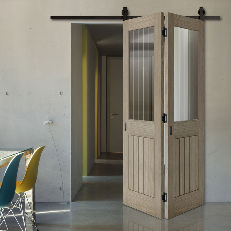 Sliding Top Mounted Black Folding Track & Double Door - Belize Light Grey Door - Clear Glass Frosted Lines - Prefinished