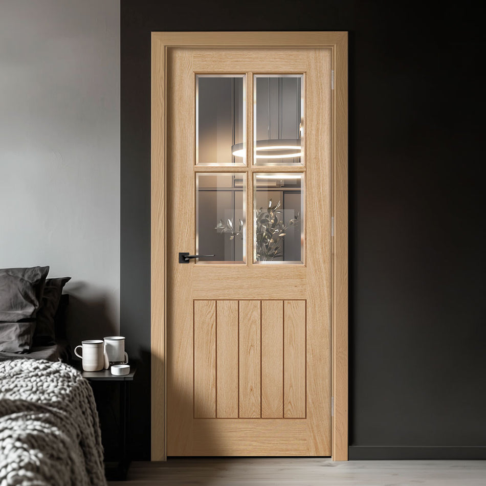 Belize 4 Pane Oak Internal Door - Bevelled Clear Glass - Unfinished