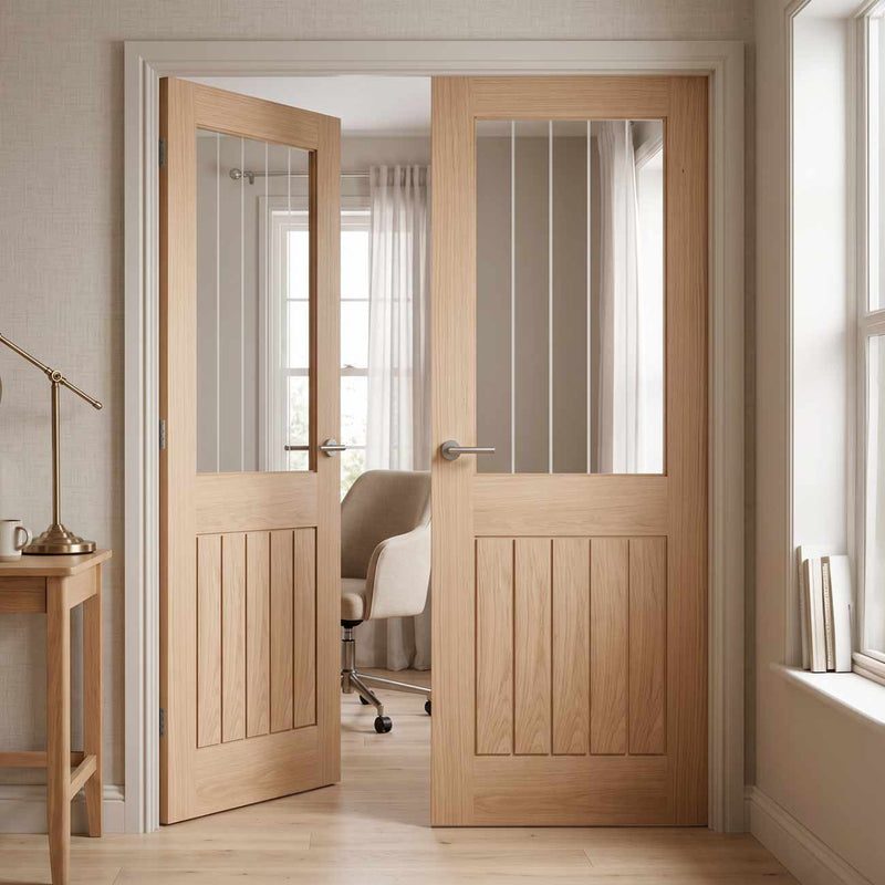 Belize Oak Internal Door Pair - Silkscreen Etched Clear Glass