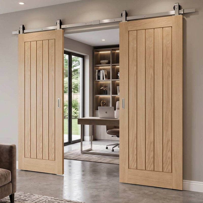 Top Mounted Stainless Steel Sliding Track & Double Door - Belize Oak Flush Doors - Prefinished