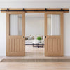 Top Mounted Black Sliding Track & Double Door - Belize Oak Doors - Silkscreen Etched Clear Glass - Unfinished