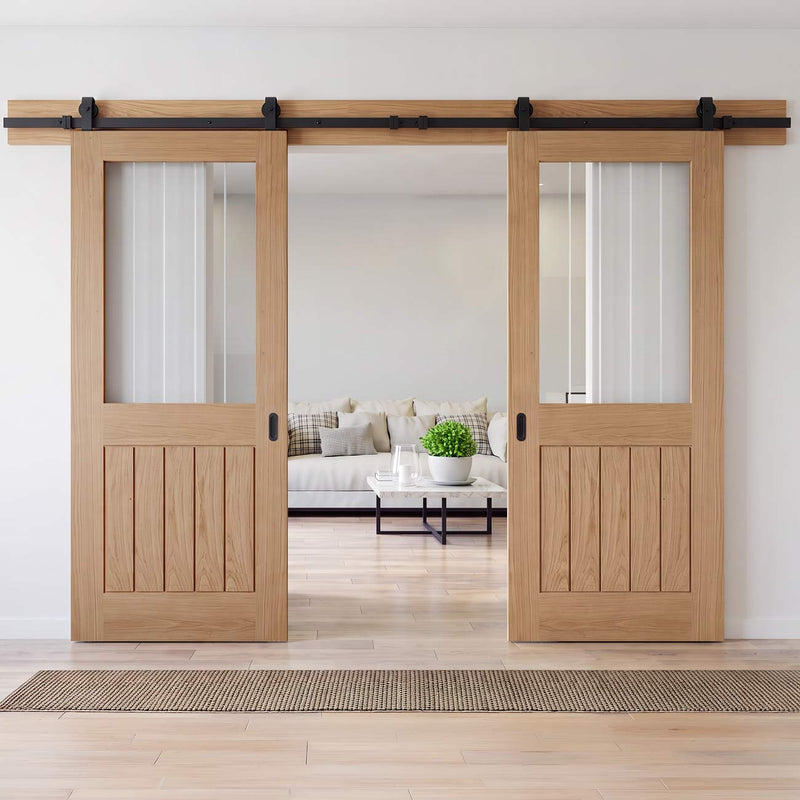 Top Mounted Black Sliding Track & Double Door - Belize Oak Doors - Silkscreen Etched Clear Glass - Unfinished