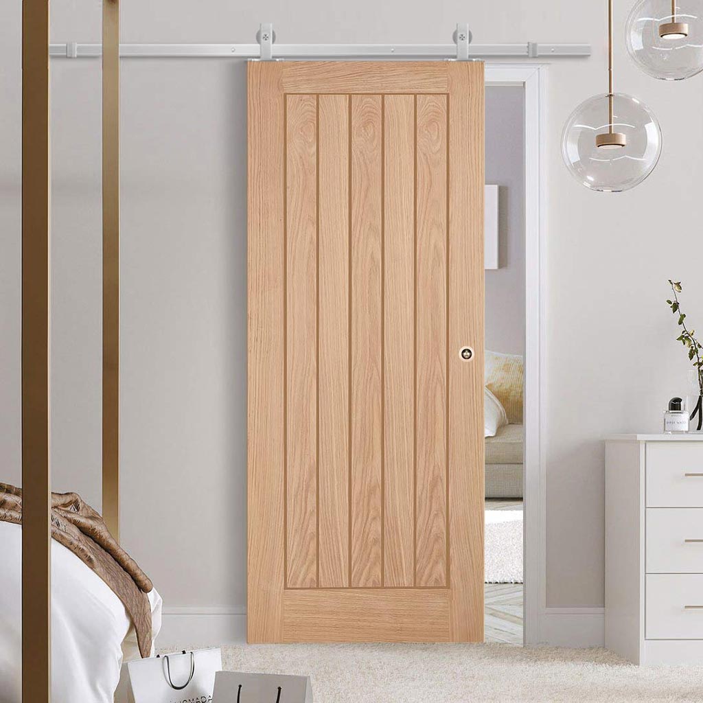 Top Mounted Stainless Steel Sliding Track & Door - Belize Oak Door - Unfinished