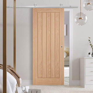 Image: Top Mounted Stainless Steel Sliding Track & Door - Belize Oak Door - Unfinished