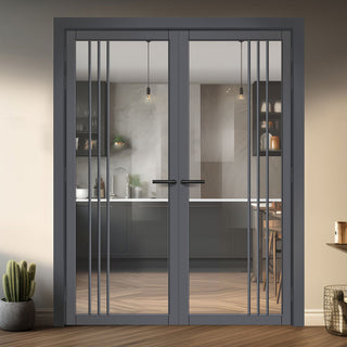 Image: Bella Solid Wood Internal Door Pair UK Made DD0103C Clear Glass - Stormy Grey Premium Primed - Urban Lite® Bespoke Sizes