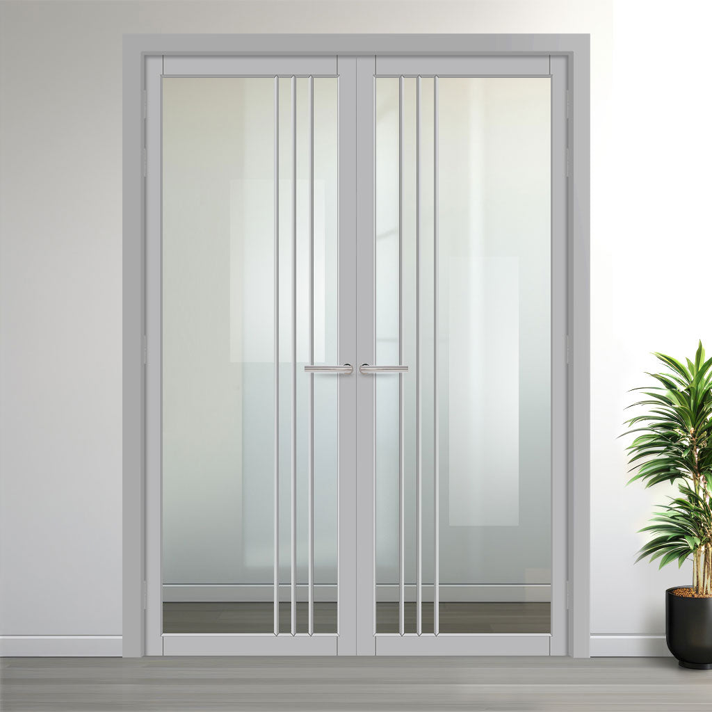 Bella Solid Wood Internal Door Pair UK Made DD0103C Clear Glass - Mist Grey Premium Primed - Urban Lite® Bespoke Sizes