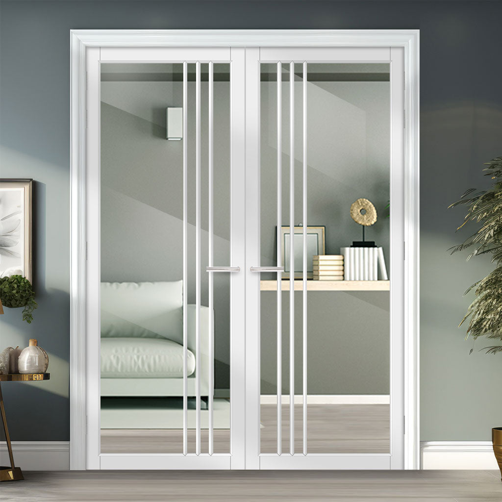 Bella Solid Wood Internal Door Pair UK Made DD0103C Clear Glass - Cloud White Premium Primed - Urban Lite® Bespoke Sizes