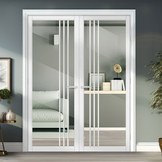 Image: Bella Solid Wood Internal Door Pair UK Made DD0103C Clear Glass - Cloud White Premium Primed - Urban Lite® Bespoke Sizes