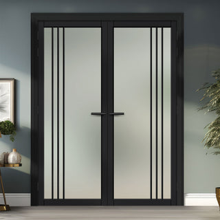 Image: Bella Solid Wood Internal Door Pair UK Made DD0103F Frosted Glass - Shadow Black Premium Primed - Urban Lite® Bespoke Sizes