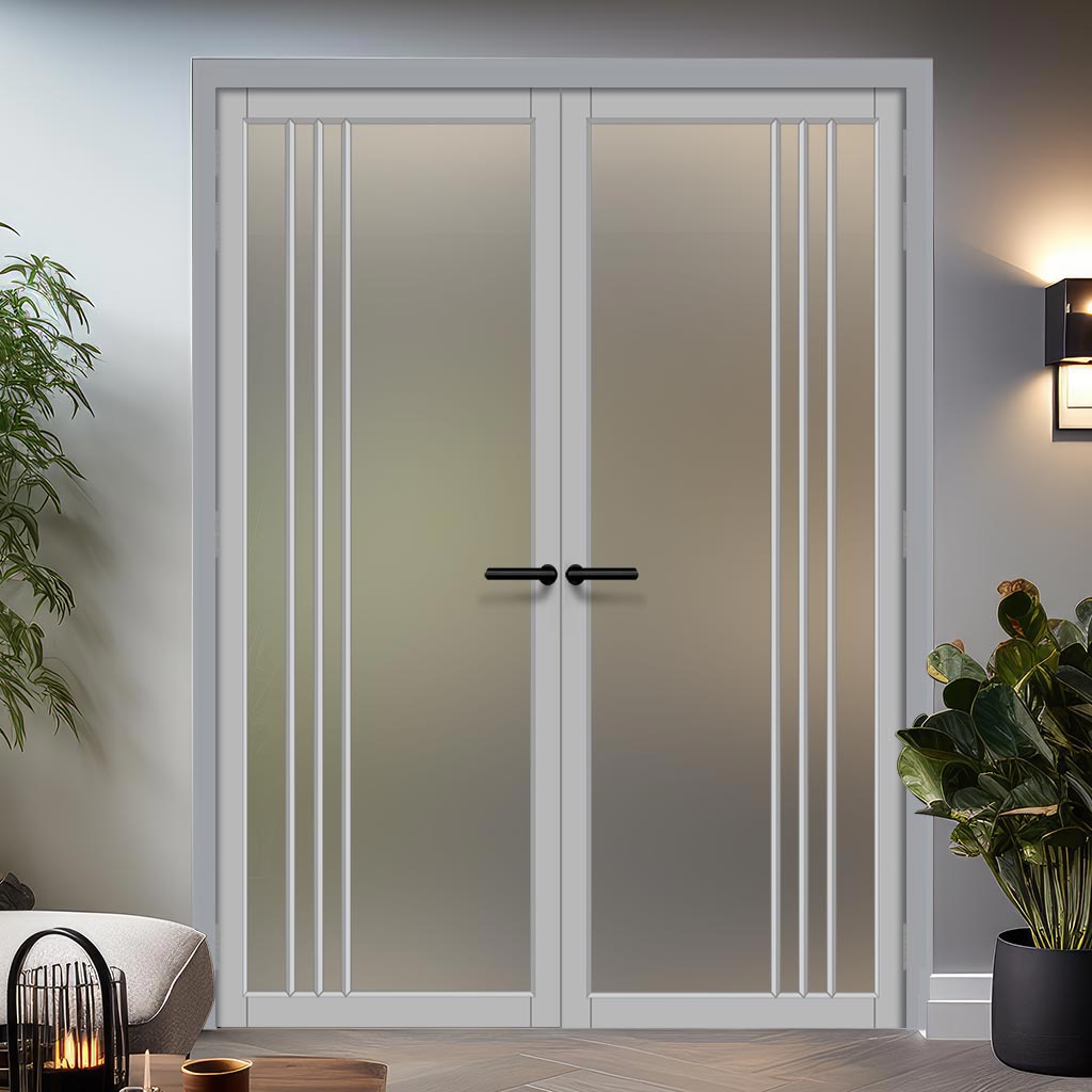 Bella Solid Wood Internal Door Pair UK Made DD0103F Frosted Glass - Mist Grey Premium Primed - Urban Lite® Bespoke Sizes