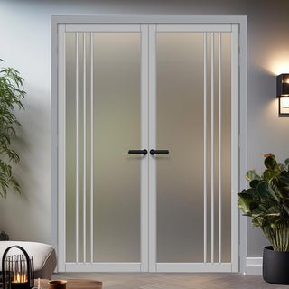 Image: Bella Solid Wood Internal Door Pair UK Made DD0103F Frosted Glass - Mist Grey Premium Primed - Urban Lite® Bespoke Sizes