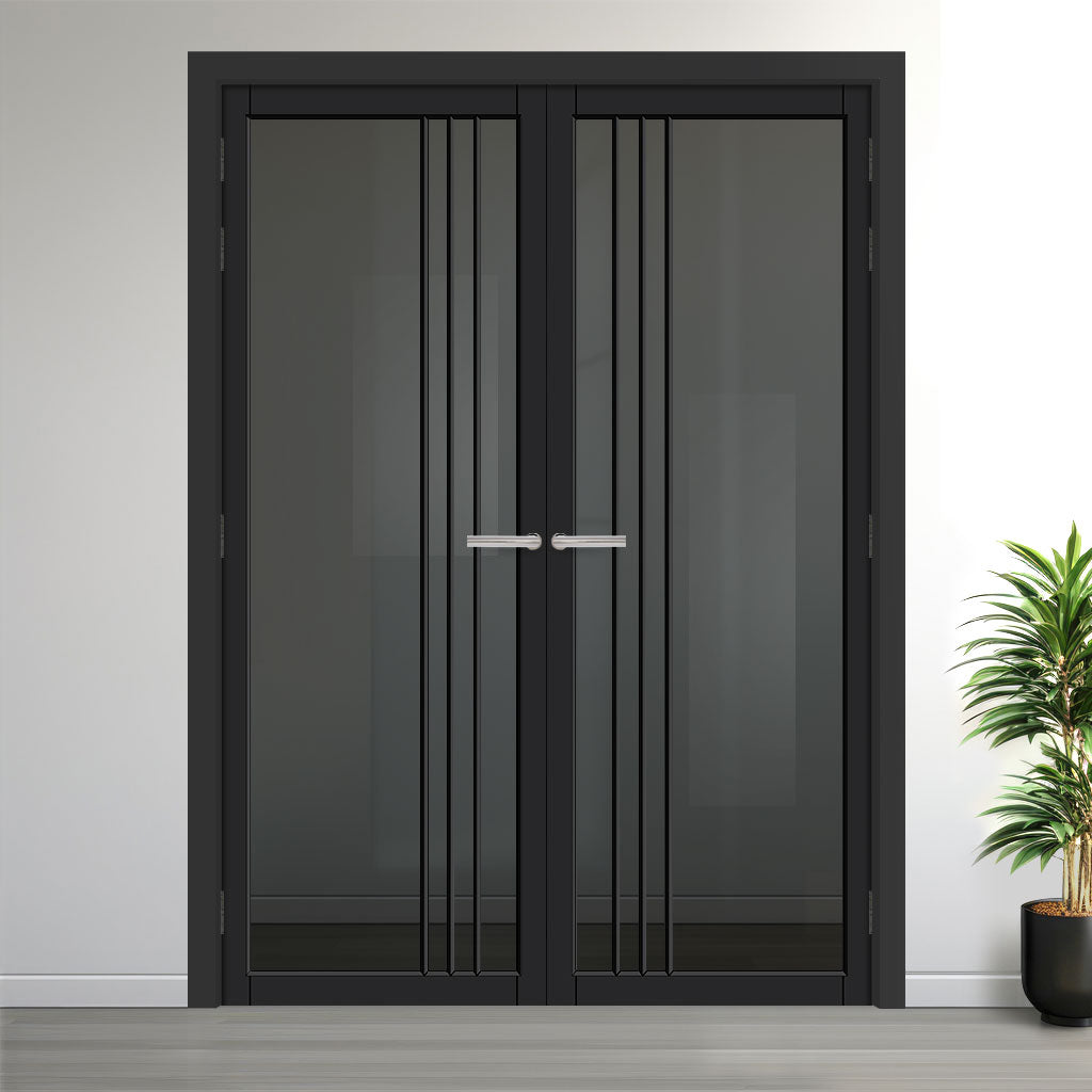 Bella Solid Wood Internal Door Pair UK Made DD0103T Tinted Glass - Shadow Black Premium Primed - Urban Lite® Bespoke Sizes