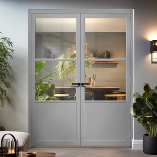 Image: Berkley 2 Pane 1 Panel Solid Wood Internal Door Pair UK Made DD6309G - Clear Glass - Eco-Urban® Mist Grey Premium Primed