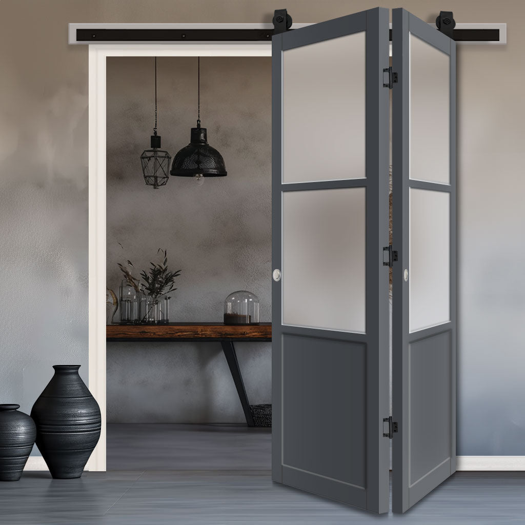 SpaceEasi Top Mounted Black Folding Track & Double Door - Eco-Urban® Berkley 2 Pane 1 Panel Solid Wood Door DD6309SG - Frosted Glass - Premium Primed Colour Options