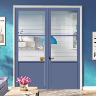 Image: Berkley 2 Pane 1 Panel Solid Wood Internal Door Pair UK Made DD6309G - Clear Glass - Eco-Urban® Heather Blue Premium Primed