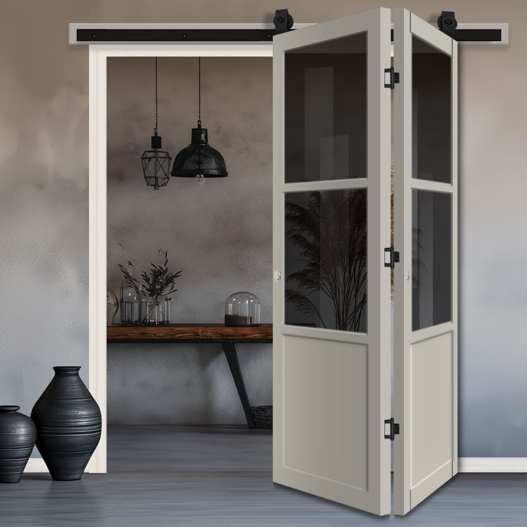 SpaceEasi Top Mounted Black Folding Track & Double Door - Handcrafted Eco-Urban Berkley 2 Pane 1 Panel Solid Wood Door DD6309 - Tinted Glass - Premium Primed Colour Options