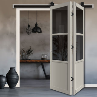 Image: SpaceEasi Top Mounted Black Folding Track & Double Door - Handcrafted Eco-Urban Berkley 2 Pane 1 Panel Solid Wood Door DD6309 - Tinted Glass - Premium Primed Colour Options