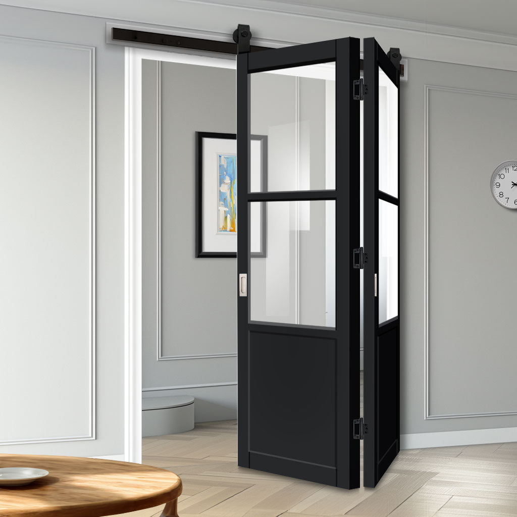 SpaceEasi Top Mounted Black Folding Track & Double Door - Eco-Urban® Berkley 2 Pane 1 Panel Solid Wood Door DD6309G - Clear Glass - Premium Primed Colour Options