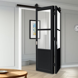Image: SpaceEasi Top Mounted Black Folding Track & Double Door - Eco-Urban® Berkley 2 Pane 1 Panel Solid Wood Door DD6309G - Clear Glass - Premium Primed Colour Options