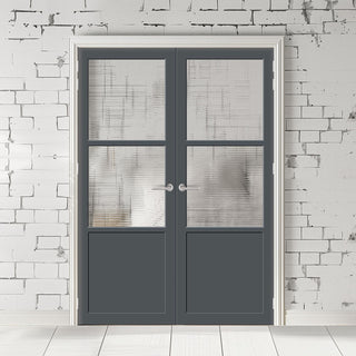 Image: Berkley 2 Pane 1 Panel Solid Wood Internal Door Pair UK Made DD6309 - Clear Reeded Glass - Eco-Urban® Stormy Grey Premium Primed