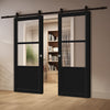 Top Mounted Black Sliding Track & Solid Wood Double Doors - Eco-Urban Berkley 2 Pane 1 Panel Doors DD6309 - Clear Reeded Glass - Shadow Black Premium Primed