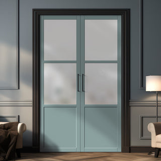 Image: Eco-Urban Berkley 2 Pane 1 Panel Solid Wood Internal Door Pair UK Made DD6309SG - Frosted Glass - Eco-Urban® Sage Sky Premium Primed