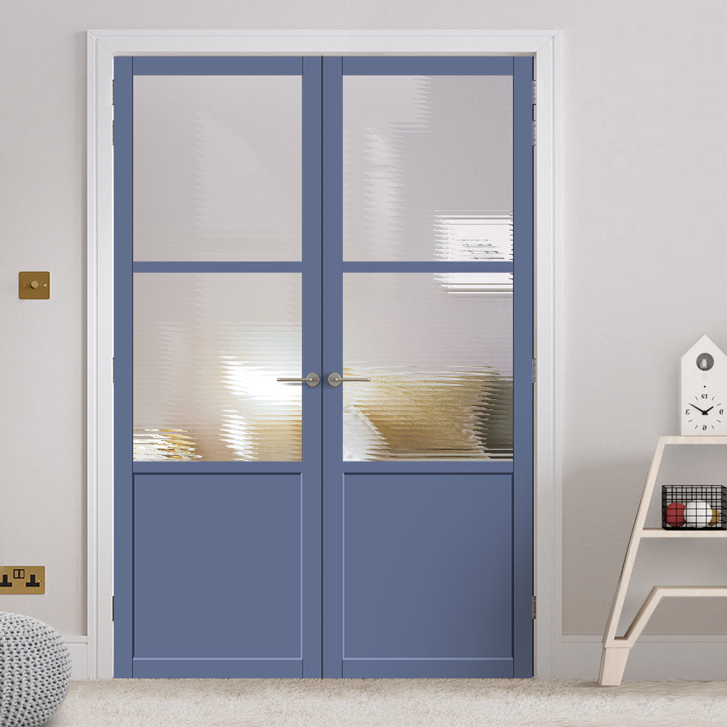 Berkley 2 Pane 1 Panel Solid Wood Internal Door Pair UK Made DD6309 - Clear Reeded Glass - Eco-Urban® Heather Blue Premium Primed