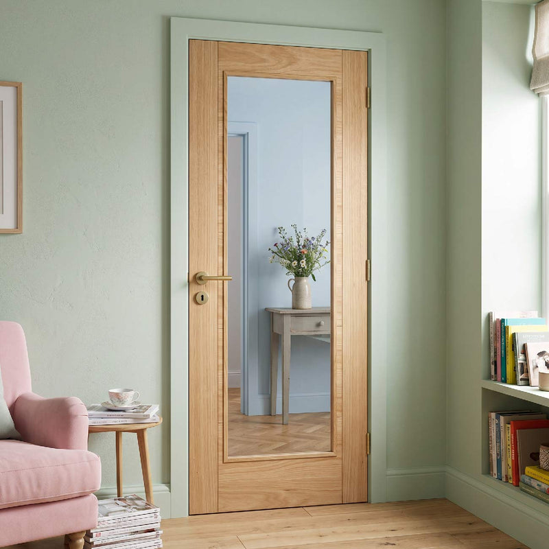 Bespoke Fire Internal Door, Vancouver Oak 1L - 1/2 Hour Fire Rated - Clear Glass - Prefinished