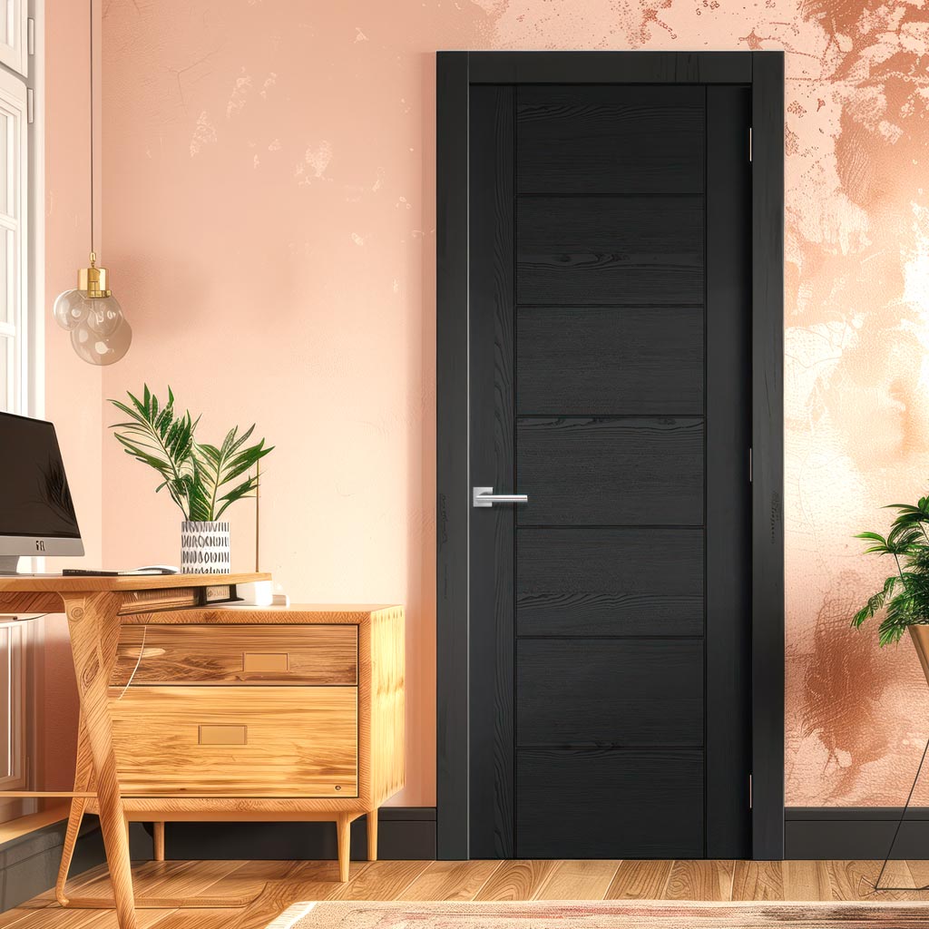Linear 7 Panel Door - Black Laminated - Prefinished
