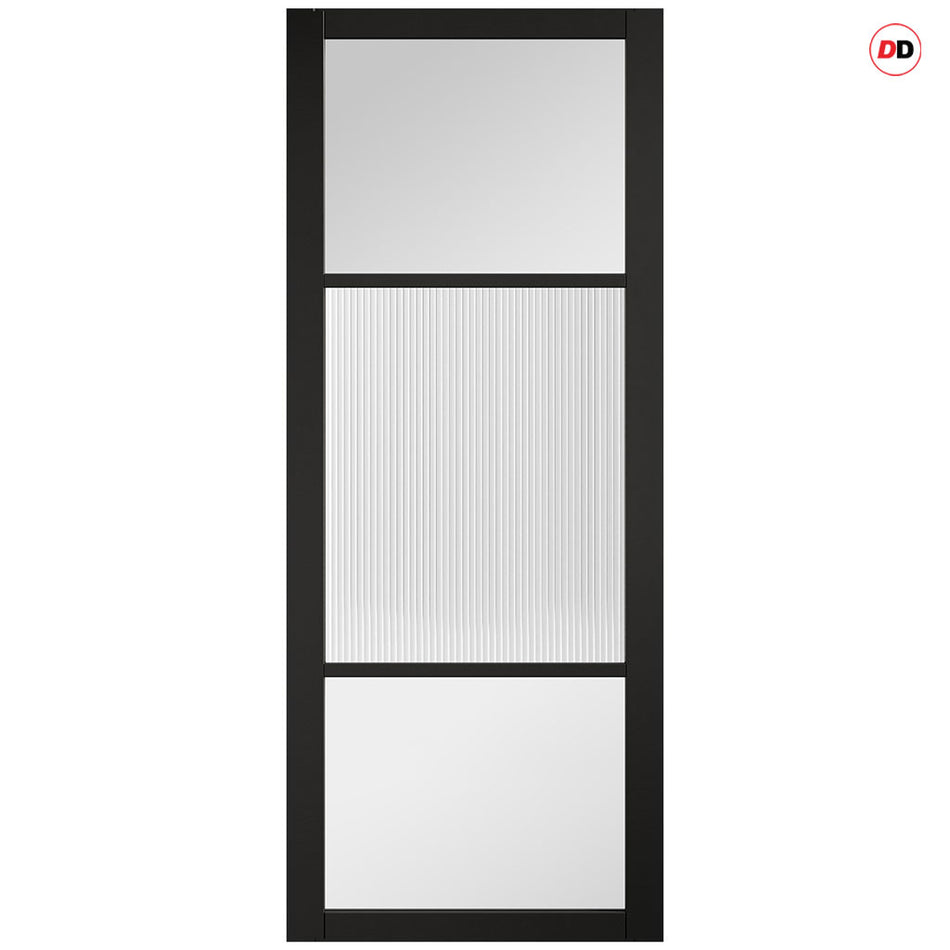Sliding Top Mounted Black Folding Track & Double Door - Sutton Black Internal Door - With Clear & Reeded Glass - Prefinished
