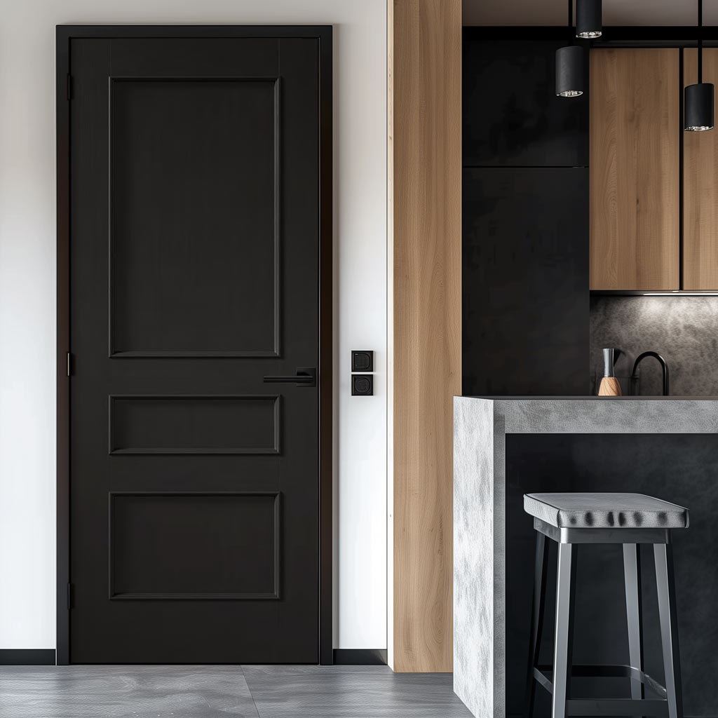 A prefinished black panel internal door with safety glass installed in a modern kitchen setting.