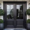 A pair of black French doors with double glazing and a handle on the right, leading to a bright interior with a mirrored wall and a potted plant.