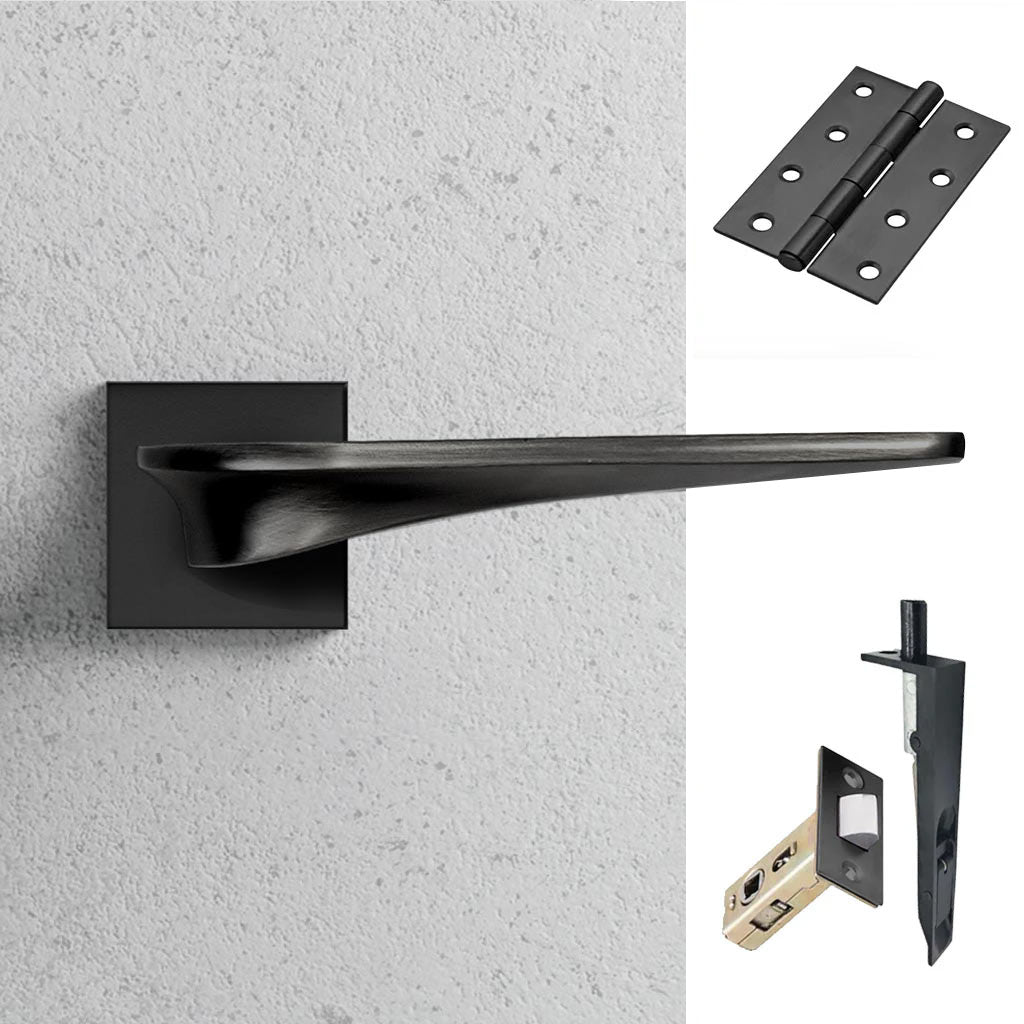 Zenith Double Door Lever Handle Pack - 8 Square Hinges - Matt Black - Combo Handle and Accessory Pack