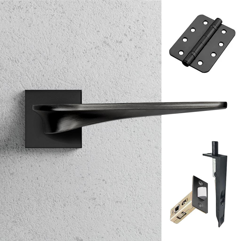 Zenith Double Door Lever Handle Pack - 8 Radius Cornered Hinges - Matt Black - Combo Handle and Accessory Pack