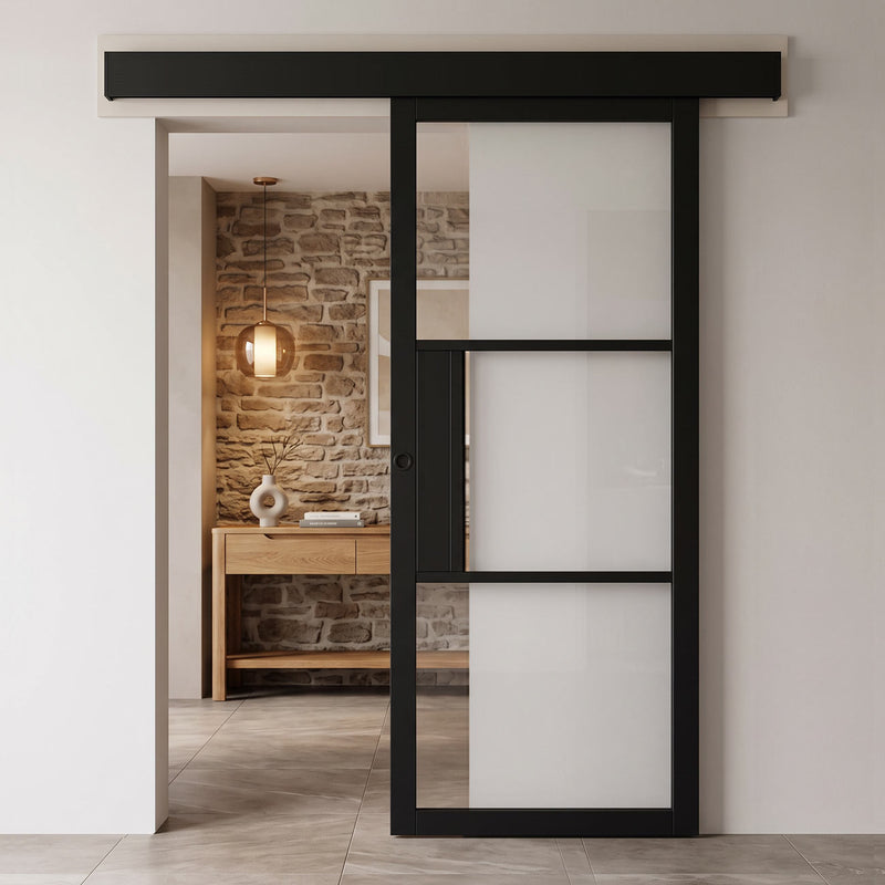 Single Sliding Door & Wall Track - Tribeca 3 Pane Black Painted Door - Clear Glass