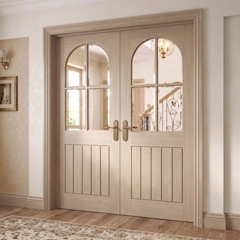 Mexicano Blonde Oak Internal Door Pair - Arched Square Top - Clear Glass - Prefinished