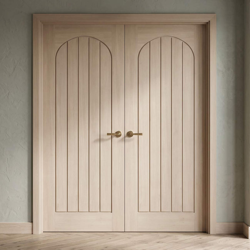 Mexicano Blonde Oak Internal Door Pair - Arched Square Top & Vertical Lining - Prefinished