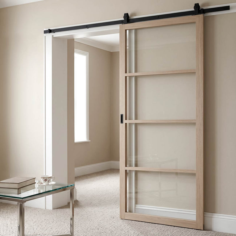Top Mounted Black Sliding Track & Door - Soho Blonde Oak Internal Door - Clear Glass - Prefinished