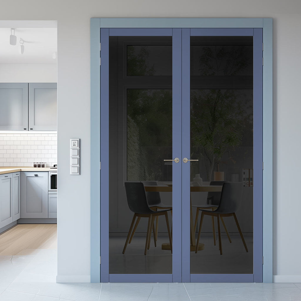 Baltimore 1 Pane Solid Wood Internal Door Pair UK Made DD6301SG - Tinted Glass - Eco-Urban® Heather Blue Premium Primed