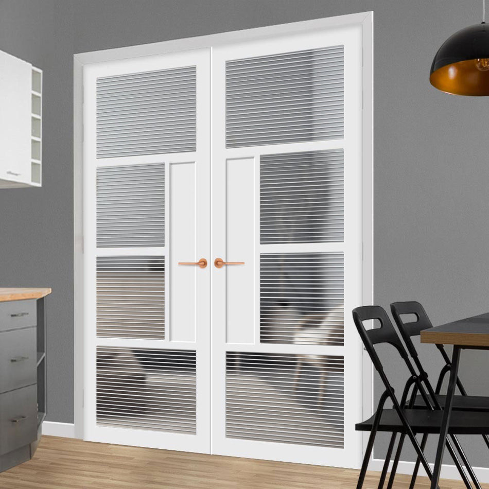 Boston 4 Pane Solid Wood Internal Door Pair UK Made DD6311 - Clear Reeded Glass - Eco-Urban® Cloud White Premium Primed