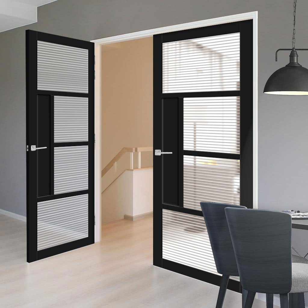 Boston 4 Pane Solid Wood Internal Door Pair UK Made DD6311 - Clear Reeded Glass - Eco-Urban® Shadow Black Premium Primed