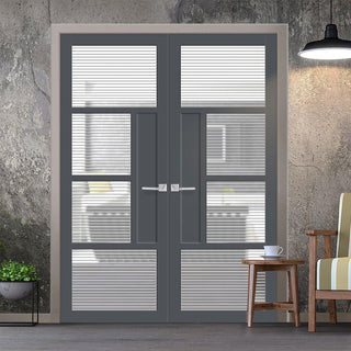 Image: Boston 4 Pane Solid Wood Internal Door Pair UK Made DD6311 - Clear Reeded Glass - Eco-Urban® Stormy Grey Premium Primed