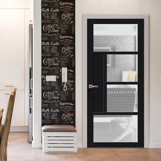 Image: Boston 4 Pane Solid Wood Internal Door UK Made DD6311 - Clear Reeded Glass - Eco-Urban® Shadow Black Premium Primed