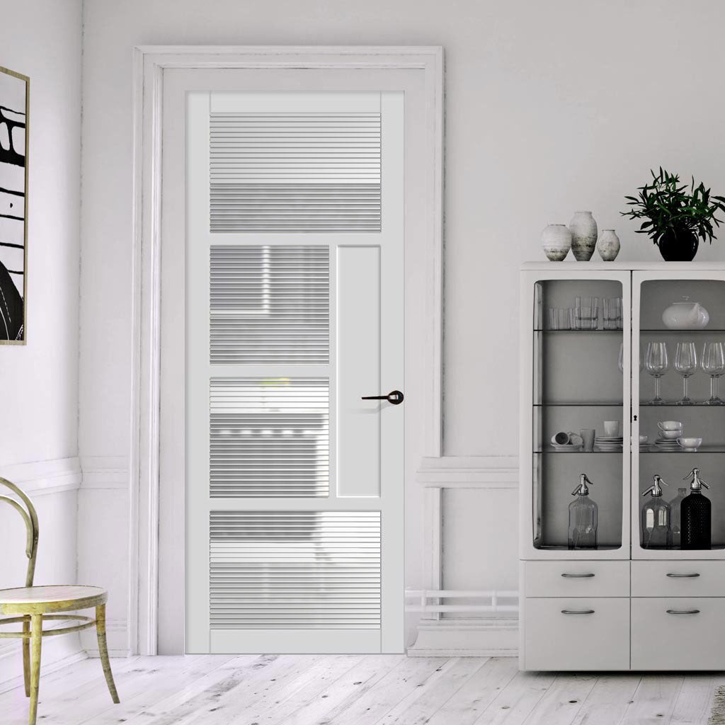 Boston 4 Pane Solid Wood Internal Door UK Made DD6311 - Clear Reeded Glass - Eco-Urban® Cloud White Premium Primed