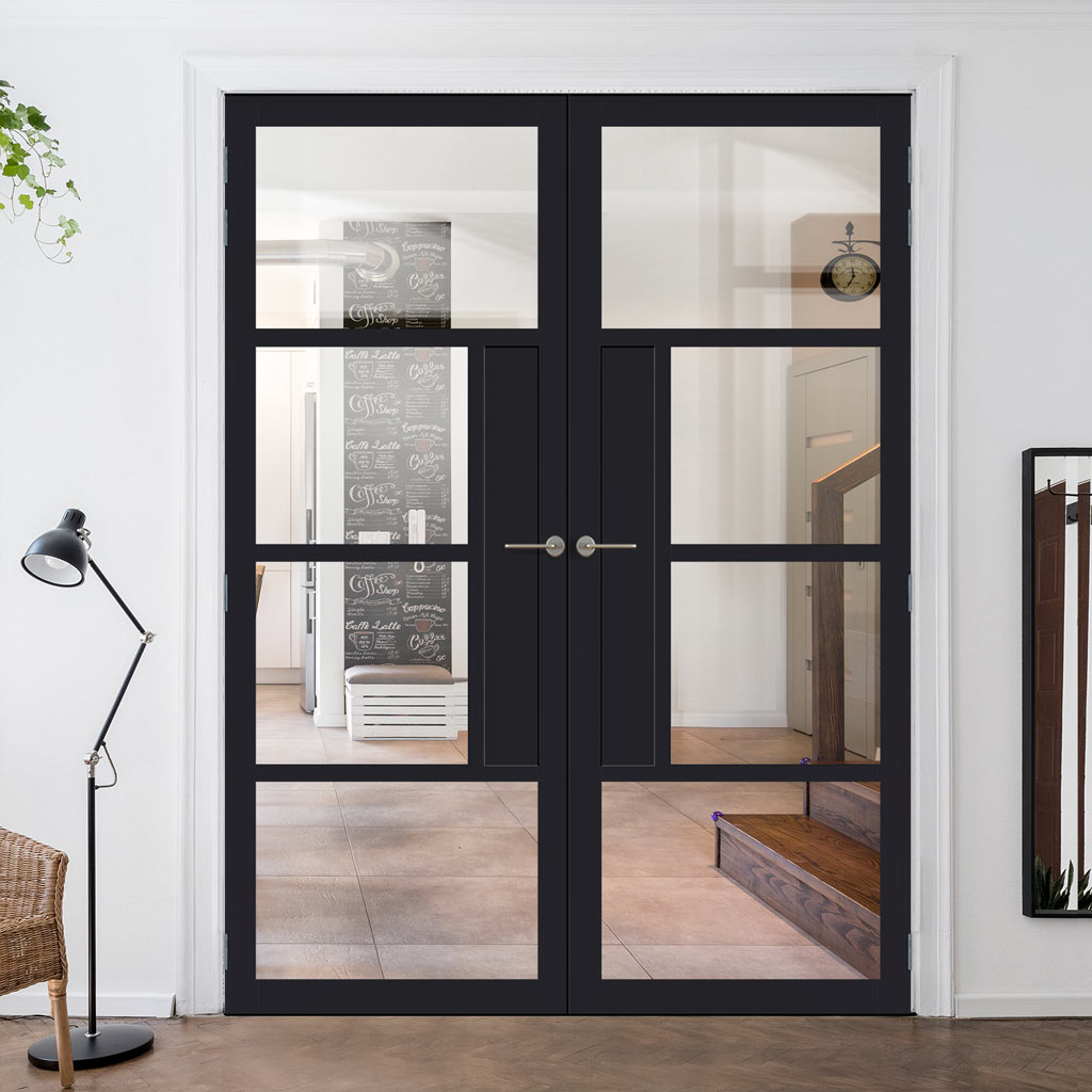 Boston 4 Pane Solid Wood Internal Door Pair UK Made DD6311G - Clear Glass - Eco-Urban® Shadow Black Premium Primed