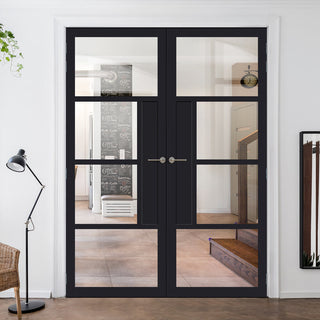 Image: Boston 4 Pane Solid Wood Internal Door Pair UK Made DD6311G - Clear Glass - Eco-Urban® Shadow Black Premium Primed