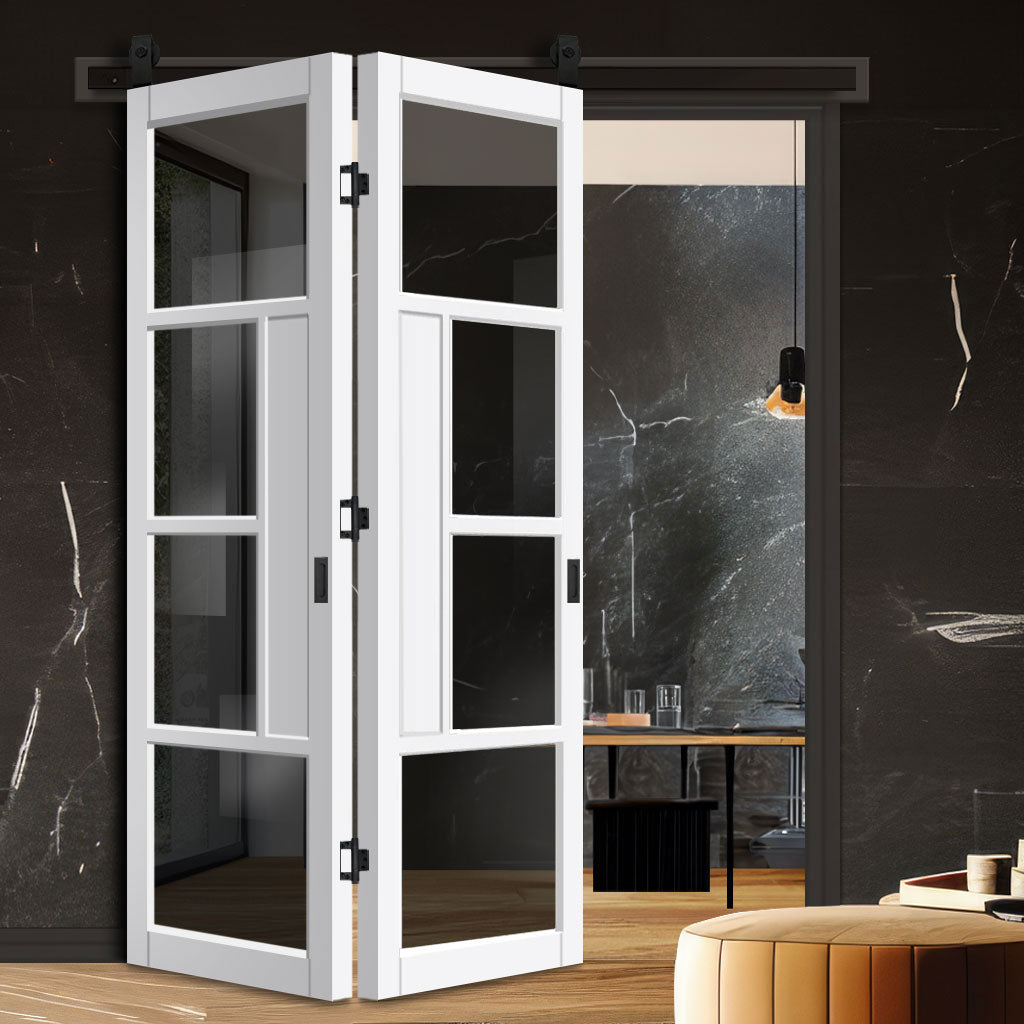 SpaceEasi Top Mounted Black Folding Track & Double Door - Handcrafted Eco-Urban Boston 4 Pane Solid Wood Door DD6311 - Tinted Glass - Premium Primed Colour Options