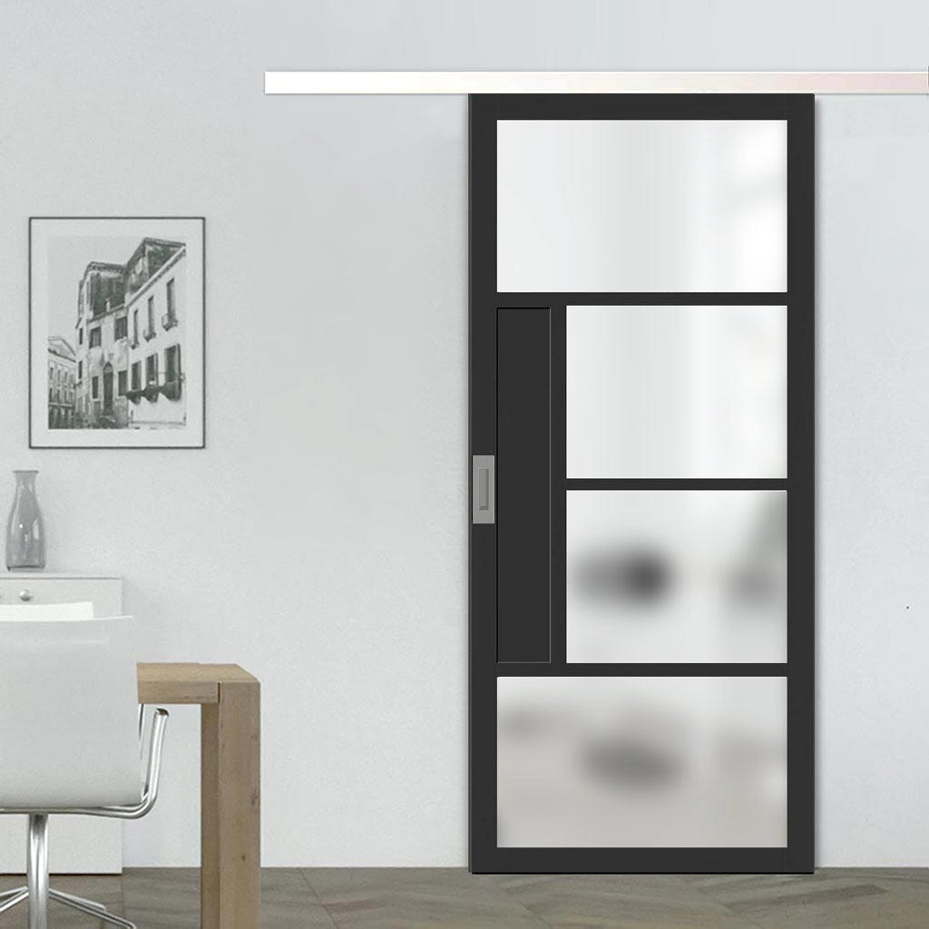Single Sliding Door & Premium Wall Track - Eco-Urban® Boston 4 Pane Door DD6311SG - Frosted Glass - 6 Colour Options