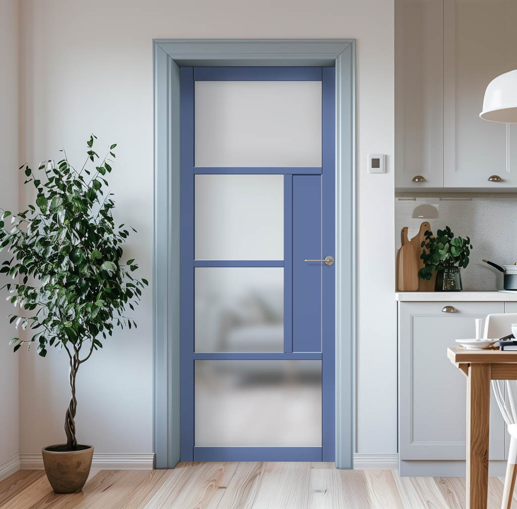 Boston 4 Pane Solid Wood Internal Door UK Made DD6311SG - Frosted Glass - Eco-Urban® Heather Blue Premium Primed