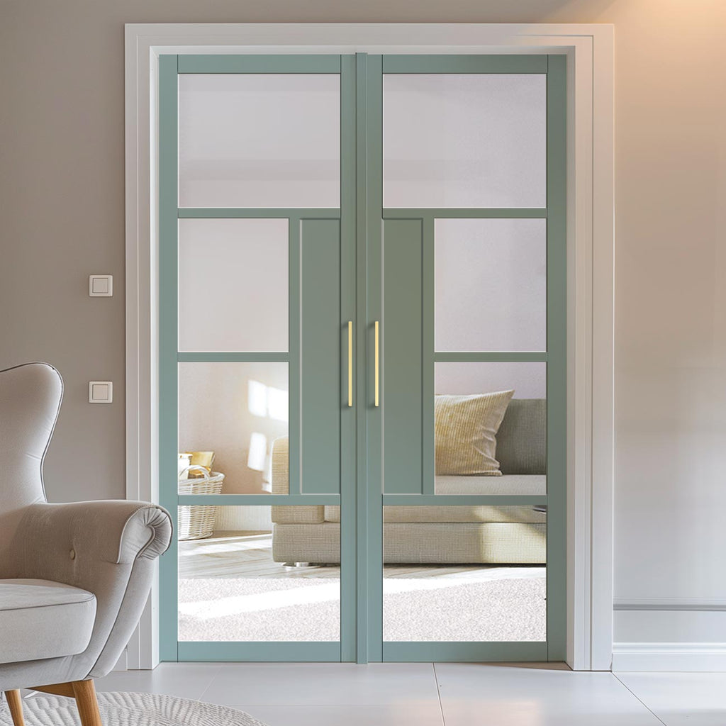 Boston 4 Pane Solid Wood Internal Door Pair UK Made DD6311G - Clear Glass - Eco-Urban® Sage Sky Premium Primed